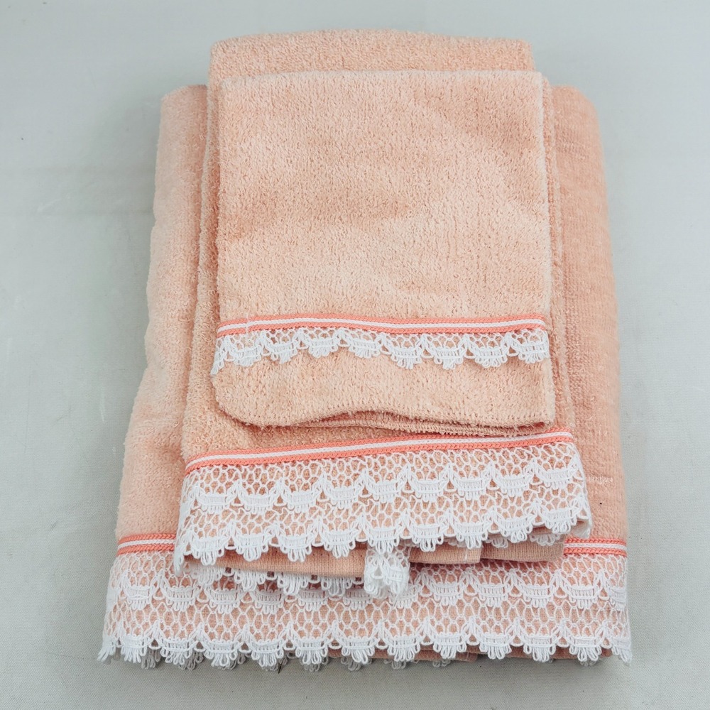 Vintage Cannon Towel Set Bath Hand Washcloth Light Peach Lace Trim Cotton